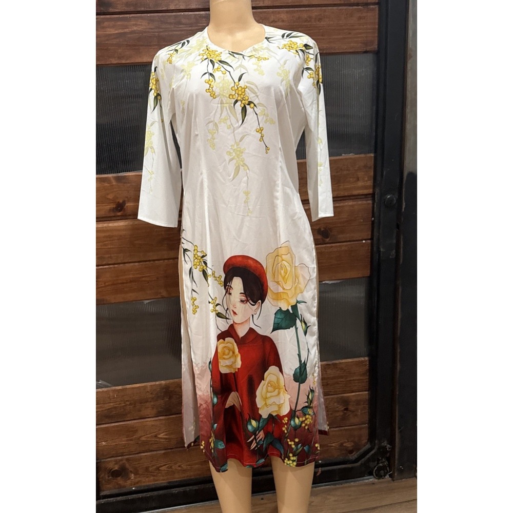 white traditional Vietnamese Áo Dài featuring a 3D graphic print
